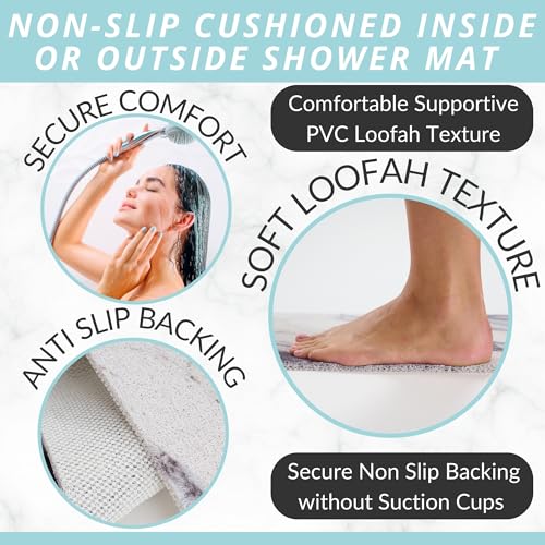 Enkosi Loofah Non-Slip Shower Mat - Shower Floors, Bathtub, Bathrooms, Wet Areas - Cushioned Bath Mat with Drain Holes - Quick Dry PVC, Secure Safety Pad Without Suction Cups (32x24 Marble Grey Blue) - color: Marble Blue Gray, size: 32" x 24" (Rectangular