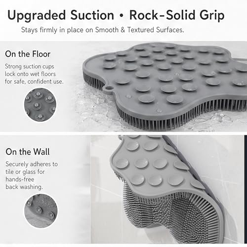Shower Foot Scrubber Mat, Wall-Mounted, 11.8 x 11 in, 1 Pack | Foot Scrubber in Shower for Deep Cleaning & Exfoliation. Suction cups support floor foot care and wall back scrubbing. - color: Pink