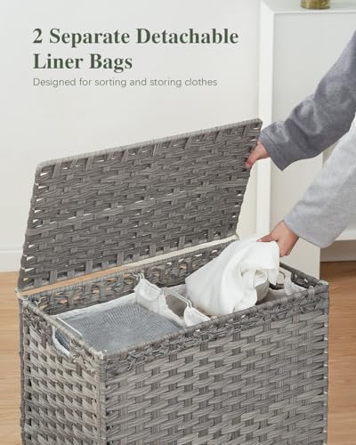 SETVSON Laundry Hamper with Lid, 112 L Handwoven PE Rattan Wicker, Gray | 2-Section Large Basket, 2 Removable Liner Bags, Heightened Metal Feet, 6 Mesh Laundry Bags, Foldable Side Handles - color: Gray, size: 112 L - 29.6 gal