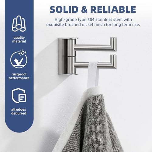 Angle Simple Swivel Towel Hook 2 Arms, Robe Coat Wall Hook, Brushed Nickel | Solid SUS304 Stainless Steel, Fold Flush to the Wall, Space Saving Bathroom Kitchen Hand Wash Towel Holder, Screws Mounted - color: Brushed Nickel, size: 1 Pack