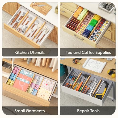 Lifewit 2.36" Kitchen Drawer Dividers, Adjustable Bamboo Drawer Organizers | 5 Pack 14.2"-22" Expandable Drawer Separator for Clothes, Utensils, Dresser, Cabinet, Closet, Nursery Organization & Storage