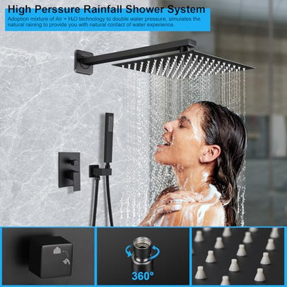 Matte Black Shower Faucet Set, Rainfall Bathroom Shower System Fixture 10 Inch High Pressure Square Rain Shower Head with Handheld Sprayer Combo Wall Mount with cUPC Certified Rough-in Valve - color: Black, style: 10"