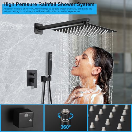 Shower Faucet Set Matte Black 12 Inch Square Rain Head w Handheld Sprayer & Rough Valve - color: Black, style: 12"