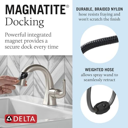 Delta Arvo 1 Hole Pull Down Bathroom Faucet with Sprayer, Brushed Nickel Single Hole Bathroom Sink Faucet with Pull Out Sprayer for Vanity, Push-Pop Drain, SpotShield Stainless 15840LF-SPPD - color: SpotShield Brushed Nickel