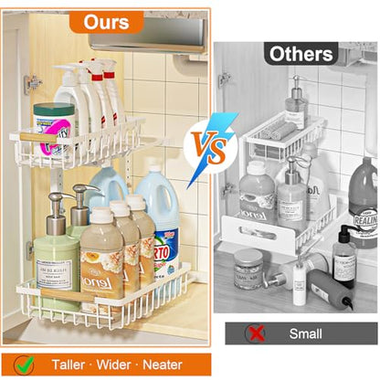 Under Sink Organizer, Height Adjustable Under Sink Organizers and Storage, 2 Tier Pull Out Drawer Cabinet Storage for Kitchen Bathroom, 1 Pack, White | cabinet organizer, 5 level adjustable, quiet sliding rails, dual suction and nano tape, no drill, rust