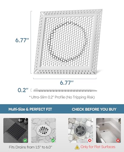 Square Shower Drain Hair Catcher, Anti-Clogging, Gray, 6 inch | Fast Drainage, Anti-Slip & Stays in Place, Stainless Steel & TPE Material, Easy Clean Fits Bathroom Hair Catcher for Shower - color: Gray, size: 6 inch