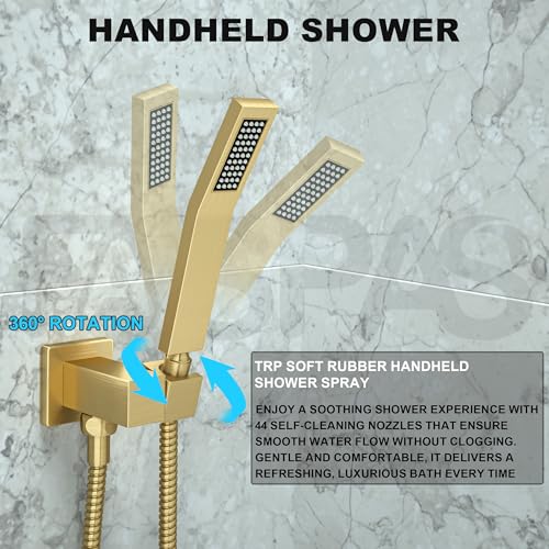 Shower System with 10-Inch Rain Head and Tub Spout | All-Metal Tub Shower Faucet Set, Wall Mounted Rain Showerhead, Handheld Spray, Includes Valve and Trim Kit, Brushed Gold - color: Brushed Gold, style: 10"-With Tub Spout