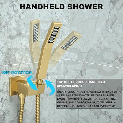 Shower System with 10-Inch Rain Head and Tub Spout | All-Metal Tub Shower Faucet Set, Wall Mounted Rain Showerhead, Handheld Spray, Includes Valve and Trim Kit, Brushed Gold - color: Brushed Gold, style: 10"-With Tub Spout