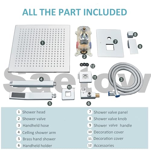 Ceiling Mount Shower Faucet Set 12 Inch LED Rainfall Shower Head Bathroom Rainfall Shower System with Handheld Spray Rough-in Valve Body and Trim Included, Chrome Finished - color: ‎Polished Chrome, style: 12"-led