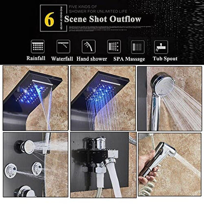 Stainless Steel Shower Panel Tower System LED Rainfall Waterfall Shower Head 6-Function Faucet Rain Massage System with Body Jets