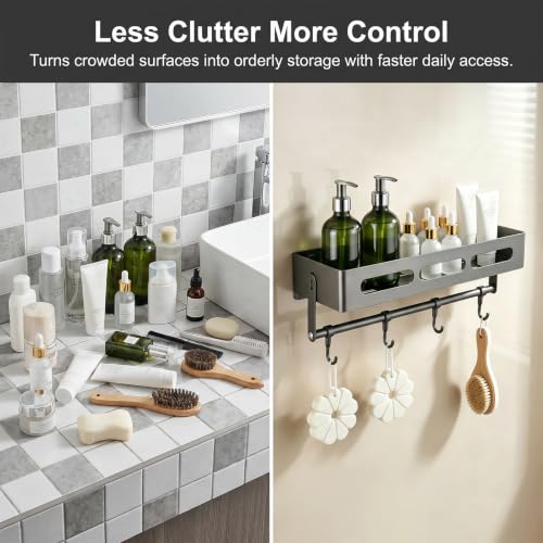 Carbon Steel Shower Caddy and Gray Shower Shelf Storage Rack | Adhesive Stick-On No-Drilling with Towel Bar&Hooks, Removable, Inside Shower, also works as Shower Organizer, Bathroom Shelf