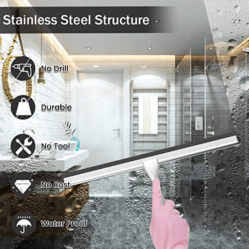 Shower Squeegee with Self Adhesive Hook, 12 Inches Stainless Steel Squeegee Cleaner, All-Purpose Window Scraper for Bathroom Doors, Mirror, Windows and Car Glass (12 Inch, Silver)