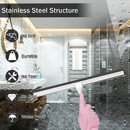 Shower Squeegee with Self Adhesive Hook, 12 Inches Stainless Steel Squeegee Cleaner, All-Purpose Window Scraper for Bathroom Doors, Mirror, Windows and Car Glass (12 Inch, Silver)