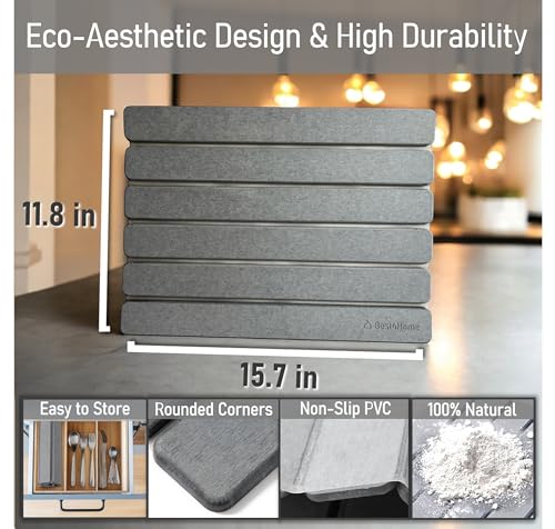 Stone Drying Mat for Kitchen Counter - Grey 12x16In Dish Drying Mat - Foldable Diatomite Stone Dish Rack - Absorbent Diatomaceous Earth Non-Slip Tray for Bathroom