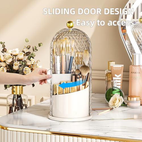 Dustproof Toothbrush Holder with Lid, 360 Rotating Countertop Electric Toothbrush Toothpaste Holders with Cover for Bathroom, 3 Slots Makeup Brush Holder with Lid for Vanity, Clear - color: Dia White