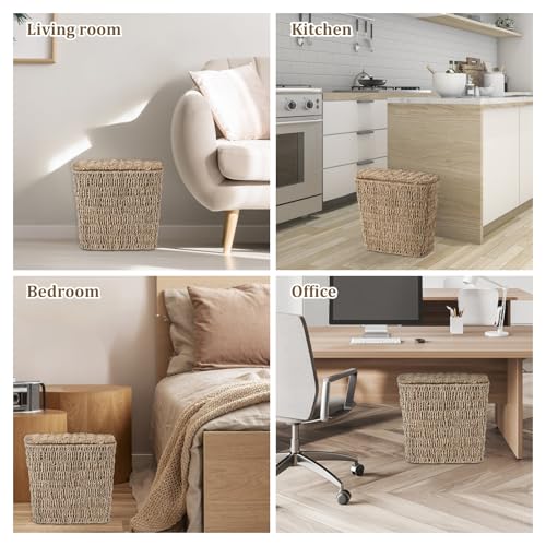 Wicker Waste Basket with Lid and Liner, Woven Seagrass Trash Can, Bathroom Trash Can, Boho Garbage Wastebasket for Bedroom Home Living Room Office Kitchen, 2.5 Gallon - color: Seagrass