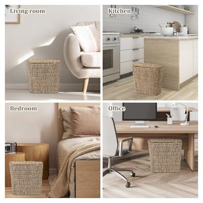 Wicker Waste Basket with Lid and Liner, Woven Seagrass Trash Can, Bathroom Trash Can, Boho Garbage Wastebasket for Bedroom Home Living Room Office Kitchen, 2.5 Gallon - color: Seagrass