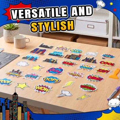 Fullhawl 30 Pcs Hero Non Slip Bathtub Stickers, Comic Style with Scraper | Textured PEVA Grip Decals, Bold Hero Comic Art, for Smooth Tubs and Showers, Application Scraper Included - style: Comic Pop
