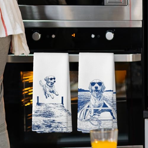 Lake House Decor Golden Retriever Kitchen Towels Set of 2, Summer Funny Lake Dog Coastal Bathroom Hand Towel, Dog Lover Gifts Tea Towel Dish Towels 16x24 Inch - color: Golden Retriever