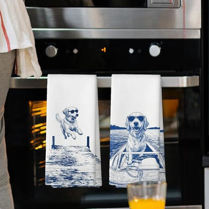 Lake House Decor Golden Retriever Kitchen Towels Set of 2, Summer Funny Lake Dog Coastal Bathroom Hand Towel, Dog Lover Gifts Tea Towel Dish Towels 16x24 Inch - color: Golden Retriever