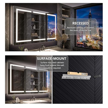 Luxury LED Lighted Medicine Cabinet with Mirror Dimmable, Defogging, 48 inch Commercial Medicine Cabinet, Outlets for Apartments, Hotel, Wide Open - size: 48"W x 36"H