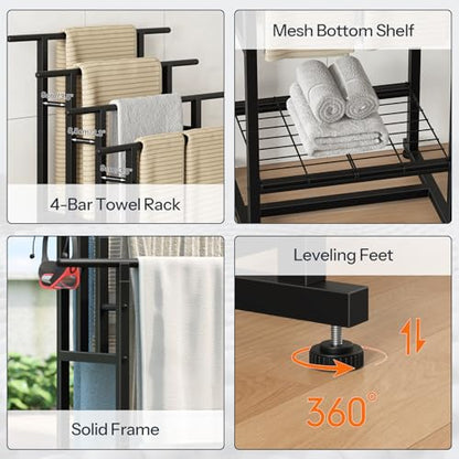 HOOBRO 4-Tier Freestanding Towel Rack, 28.3"L x 15.7"W x 41.3"H, Standing Blanket Rack, Metal Bathroom Storage Organizer with Bottom Shelf, Pool Towel Rack Outdoor, Industrial Style, Black BK16LB01