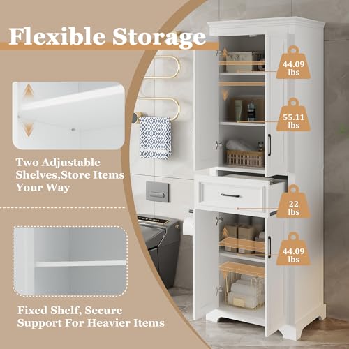 JIJIWANG 70.8" H Modern Wood Tall Bathroom Storage Cabinet, White Freestanding Linen Tower with Soft-Close Doors, Drawer, Adjustable Shelves, Anti-Tip Design, for Master Bathroom