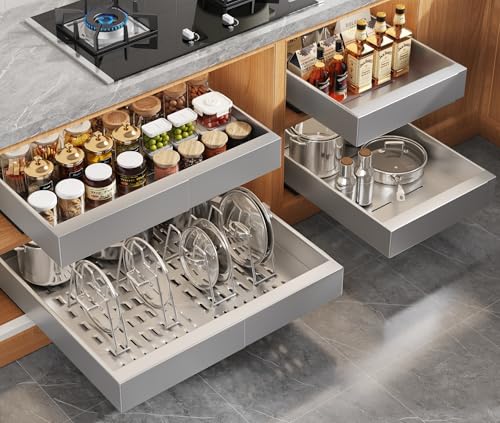 Seinloes 4Pack Expandable Pull Out Cabinet Organizer 21" Deep with Raising Pad for Framed Cabinets,Slide Out Drawers with 4pcs Divider Racks,Roll Out Shelves,Adjustable Width 12.05"-20.4" Silver - color: Silver, size: 21"D x 12.05"-20.4"W(4Pack)