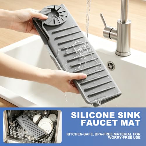 Silicone Faucet Mat for Kitchen Sink, Self Draining Splash Guard | 24" Silicone Faucet Mat , 4.7" High Splash Guard , 8° Sloped Self Draining Design , 33 Suction Cups , Sink Organizer Tray