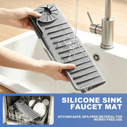 Silicone Faucet Mat for Kitchen Sink, Self Draining Splash Guard | 24" Silicone Faucet Mat , 4.7" High Splash Guard , 8° Sloped Self Draining Design , 33 Suction Cups , Sink Organizer Tray