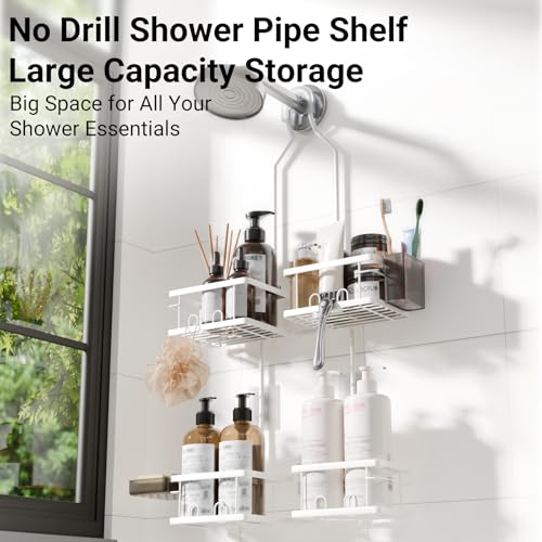 Adjustable Shower Caddy Hanging Rustproof Shower Caddy for Handheld Showerheads, Shower Organizer with Hooks Soap Holder, Anti-Swing Shower Rack Bathroom Accessories (White) - color: White