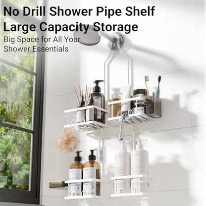 Adjustable Shower Caddy Hanging Rustproof Shower Caddy for Handheld Showerheads, Shower Organizer with Hooks Soap Holder, Anti-Swing Shower Rack Bathroom Accessories (White) - color: White