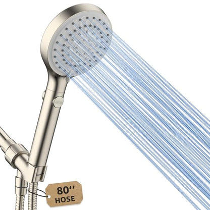 High Pressure Handheld Shower Head with Hose, Brushed Nickel | 80" Extra Long Stainless Steel Hose & Adjustable Bracket, Shower Heads with ON/OFF Switch for Pets Bath - color: Brushed Nickel, style: 6 Spray-Settings