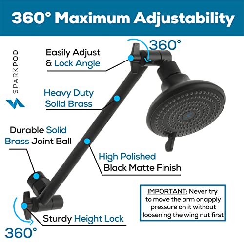 SparkPod 11" Extension Arm, Adjustable Height & Angle, Black Matte | Adjustable Height & Angle, Sturdy Lock, Universal Connection, Transform your showers into rain shower experience - color: 3 - Midnight Black Matte, style: 11 Inch Adjustable