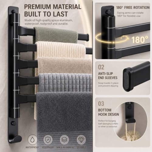 2-5 Arms Swivel Towel Rack Bath Towel Holder with Hook Swing Arm Towel Rack Wall Mount for Bathroom Kitchen (Black, 5-arm) - color: Black, size: 5-arm