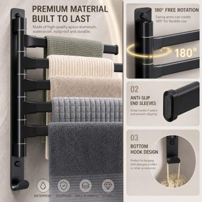 2-5 Arms Swivel Towel Rack Bath Towel Holder with Hook Swing Arm Towel Rack Wall Mount for Bathroom Kitchen (Black, 5-arm) - color: Black, size: 5-arm