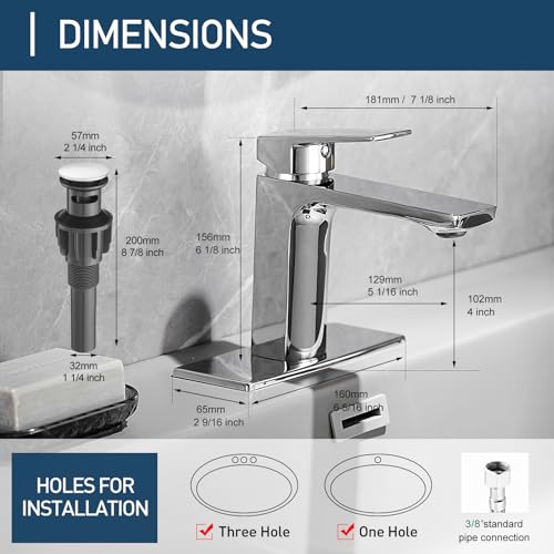 GENBONS Chrome Bathroom Faucets 1 Hole Single Handle Bathroom Vanity Sink Faucet with Pop-up Drain and Faucet Supply Lines Rv Lavatory Vessel Faucet Basin Mixer Tap | Pop Up Drain | Modern 1 or 3 Hole Basin Mixer Tap Washbasin Vanity Faucet | cUPC Supply