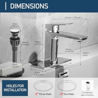 GENBONS Chrome Bathroom Faucets 1 Hole Single Handle Bathroom Vanity Sink Faucet with Pop-up Drain and Faucet Supply Lines Rv Lavatory Vessel Faucet Basin Mixer Tap | Pop Up Drain | Modern 1 or 3 Hole Basin Mixer Tap Washbasin Vanity Faucet | cUPC Supply