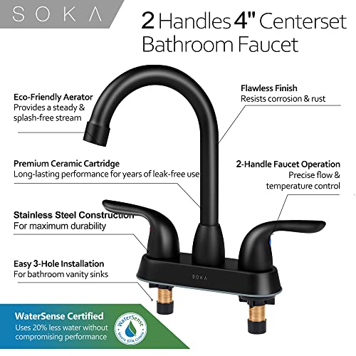 SOKA 2 Handle Bathroom Faucet Black, 4 Inch Black Bathroom Sink Faucet Centerset with Lift Rod Drain Stopper and Supply Hoses, RV Bathroom Faucet 3 Holes, Matte Black Bathroom Faucet - color: Matte Black, size: 4" Double-handled