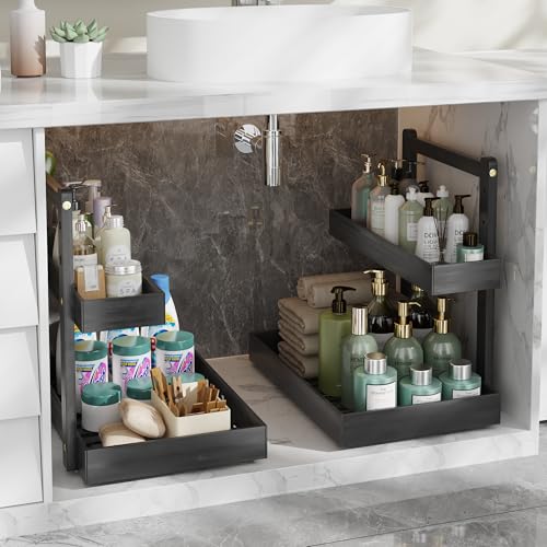 Bamboo Under Sink Storage 2 Tier Pull Out Cabinet Organizer Slide Out Under Sink Storage Shelf Undersink Organizers Shelves for Kitchen Bathroom Organization (Black, 2 Packs) - color: Black, size: 2 Packs