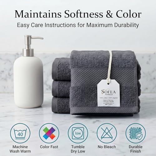 Sofea 100% Cotton Washcloths Set of 12, (12 x 12 Inch) 520 GSM Wash Cloths, Extra Soft Absorbent Quick Dry Face Towels - color: Dark Grey