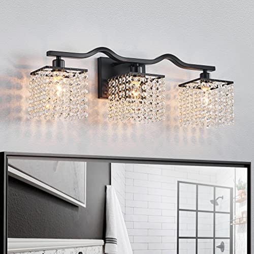 WUZUPS 3-Light Bathroom Light Fixture Morden Vanity Wall Sconces Light Clear Crystal Drop for Bedroom Living Room, E12 Base, Black - color: Black