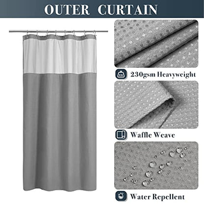 N&Y HOME 48 x 72 Waffle Weave Shower Curtain with Snap-in Liner Set Gray | 12 Metal Hooks Included, Snap on/off Fabric Liner, Hotel Style & Mesh Top Window, Machine Washable, 48x72 Shower Stall Size - color: Grey, size: 48"W x 72"L (Pack of 1)