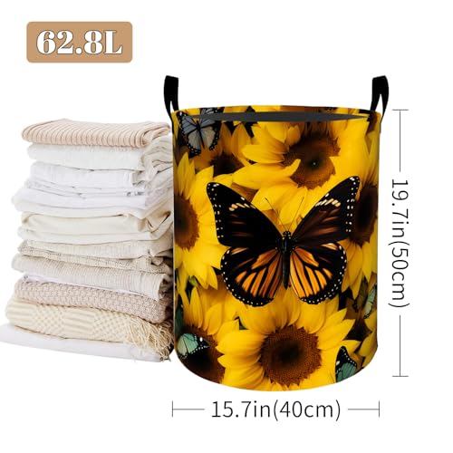 Sunflower Laundry Basket, Butterfly Print Foldable Oxford Cloth, Waterproof Dirty Clothes Hamper with Handles, Clothing Storage Bucket Toy Organizer for Bathroom Bedroom Dorm, 19.7"x15.7" - style: Sunflower 01