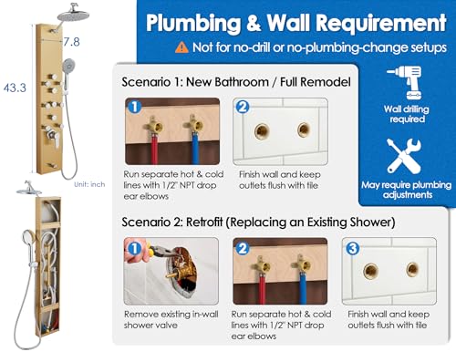 ROVOGO Gold Shower Panel Tower System, 4 Shower Modes Simultaneous Function | Rain Shower Head, Handheld, Body Jets, Tub Spout, Height Adjustable Shower Arm, Stainless Shower Column W/ Brass Valve, 43.3" - color: Gold-Adjustable Rain Head