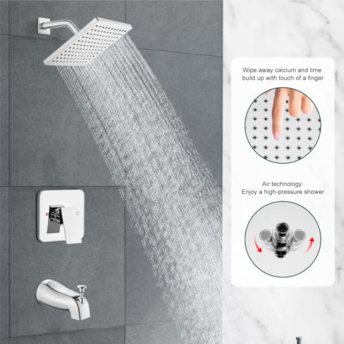 Heyalan 8-Inch Shower Faucet Set with Tub Spout and Valve, Polished Chrome | 8-inch square rainfall head, tub spout with diverter, male-thread rough-in valve, single-handle control and wall-mount design - color: Polished Chrome, size: 8 Inch Square Shower