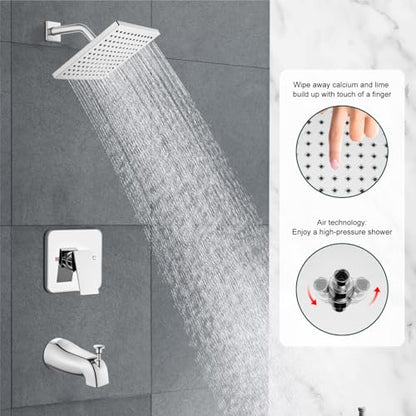 Heyalan 8-Inch Shower Faucet Set with Tub Spout and Valve, Polished Chrome | 8-inch square rainfall head, tub spout with diverter, male-thread rough-in valve, single-handle control and wall-mount design - color: Polished Chrome, size: 8 Inch Square Shower
