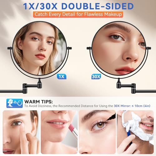 Auxmir 8" Double-Sided Wall-Mounted Makeup Mirror, 1X/30X Magnifying Mirror | stainless steel, 13-inch extendable swivel arm, 360°shaving rotation, bathroom makeup mirror, tweezers, Black - color: Black-1x/30x