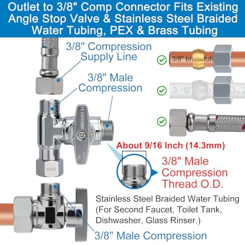 Brass Angle Stop Add-A-Tee Valve,3/8 x 3/8" x 3/8 Compression Water Splitter | T Adapter Connector for Sink Faucets, Glass Rinsers, Dishwashers, Washing Machines and 3/8" Water Supply Line - size: 3/8x3/8x 3/8 Compression Tee Valve