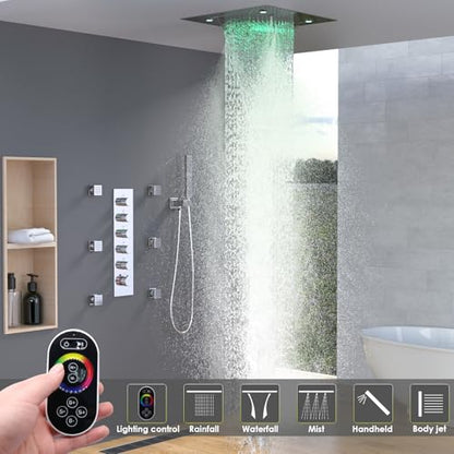 Enga 20 Inch Rain Shower System, LED Atomizing Rainfall Waterfall Large Horizontal Square Ceiling Shower Head with Remote Control Thermostatic Shower Faucet Set Flow Can Be Controlled, Chrome - color: Chrome, style: 20" Head (Rain + Mist+Waterfall) - Jets